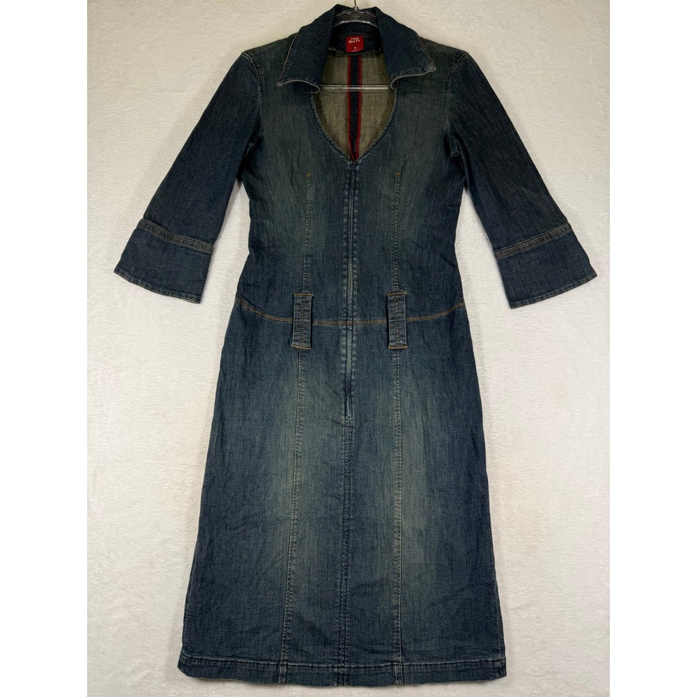 Miss Sixty Vintage Y2K Denim Midi Dress Blue 3/4 Sleeve Zip Front Italy Small